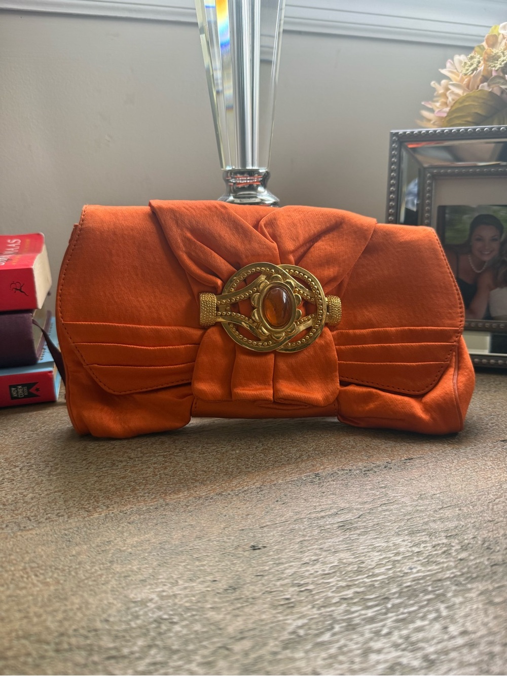 Escada Orange Satin Clutch with Gold-Tone Medallion - Picture 3 of 4